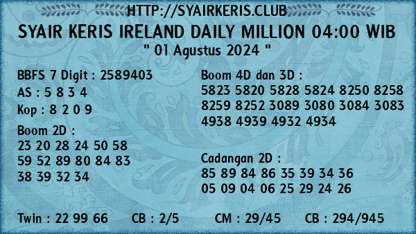 Prediksi Ireland Daily Million 04:00 WIB