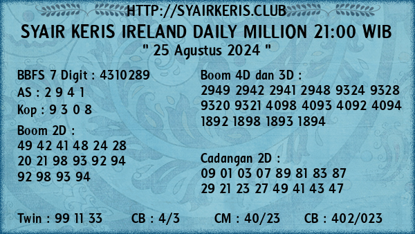 Prediksi Ireland Daily Million 21:00 WIB